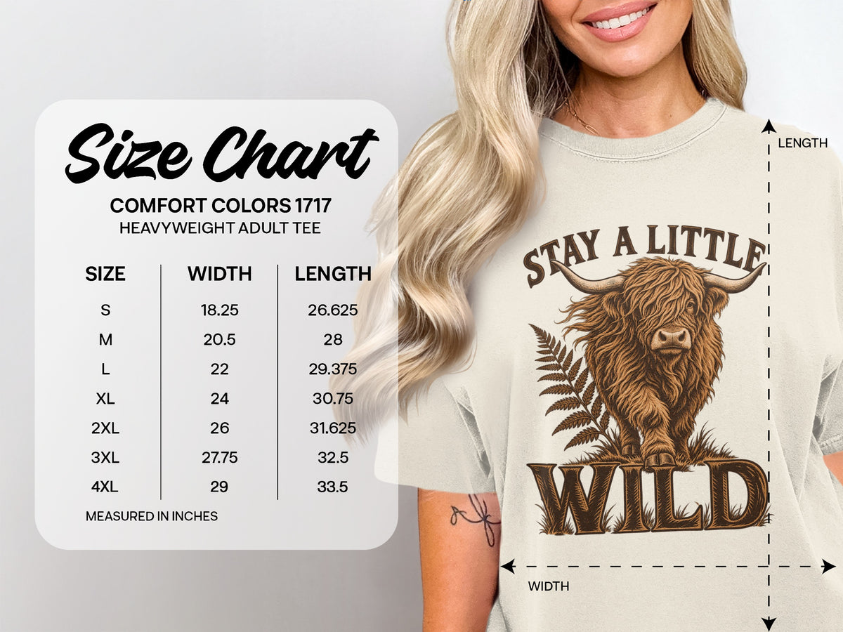 Comfort Colors 1717 size chart, S–4XL, for the Stay a Little Wild Highland cow T-shirt