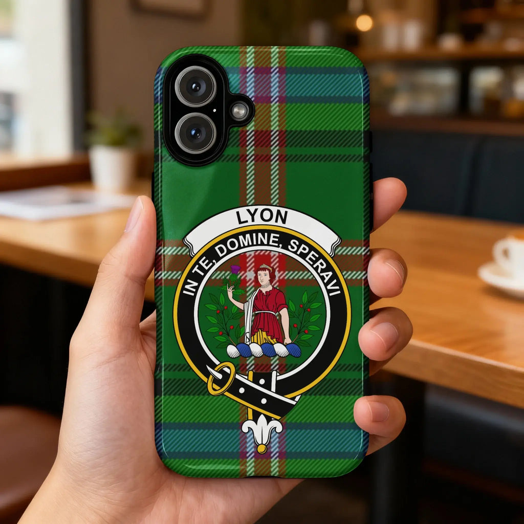 Clan Lyon tartan crest phone case — full 3D wrap with In Te Domine Speravi motto, glossy finish