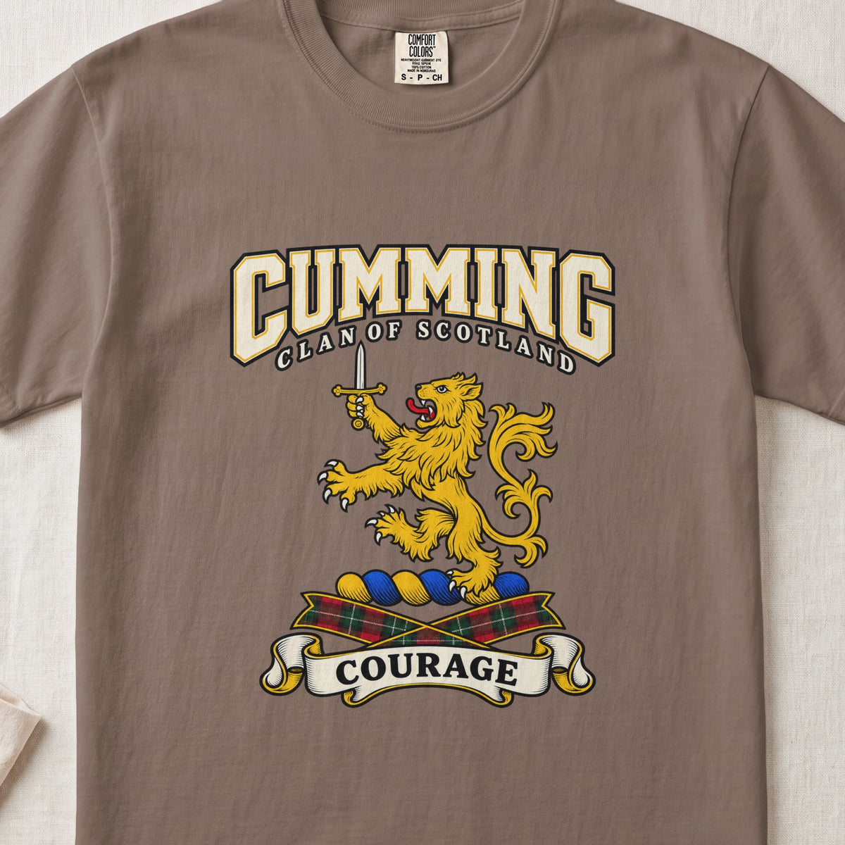 Cumming Scottish clan graphic T-shirt in Espresso, front view