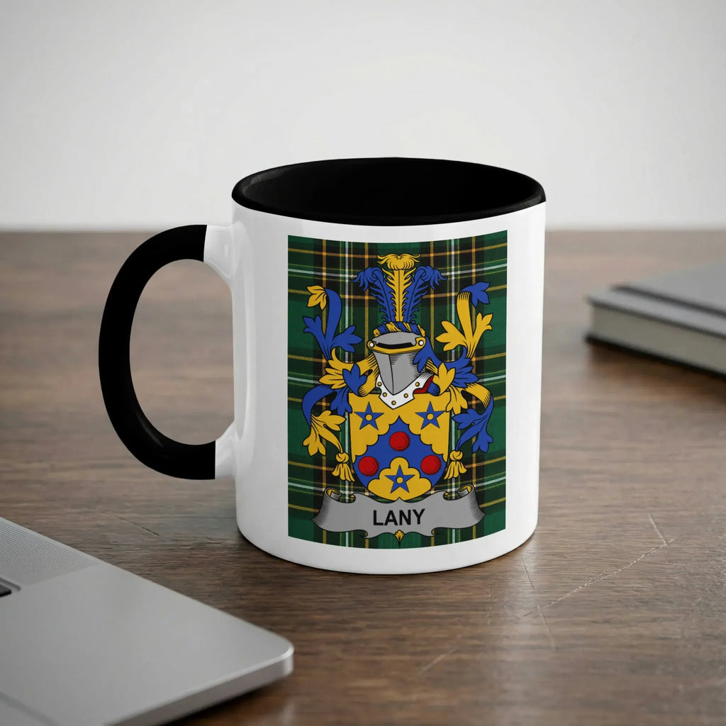 White mug with black handle featuring a blue and green plaid crest with the name "LANY".