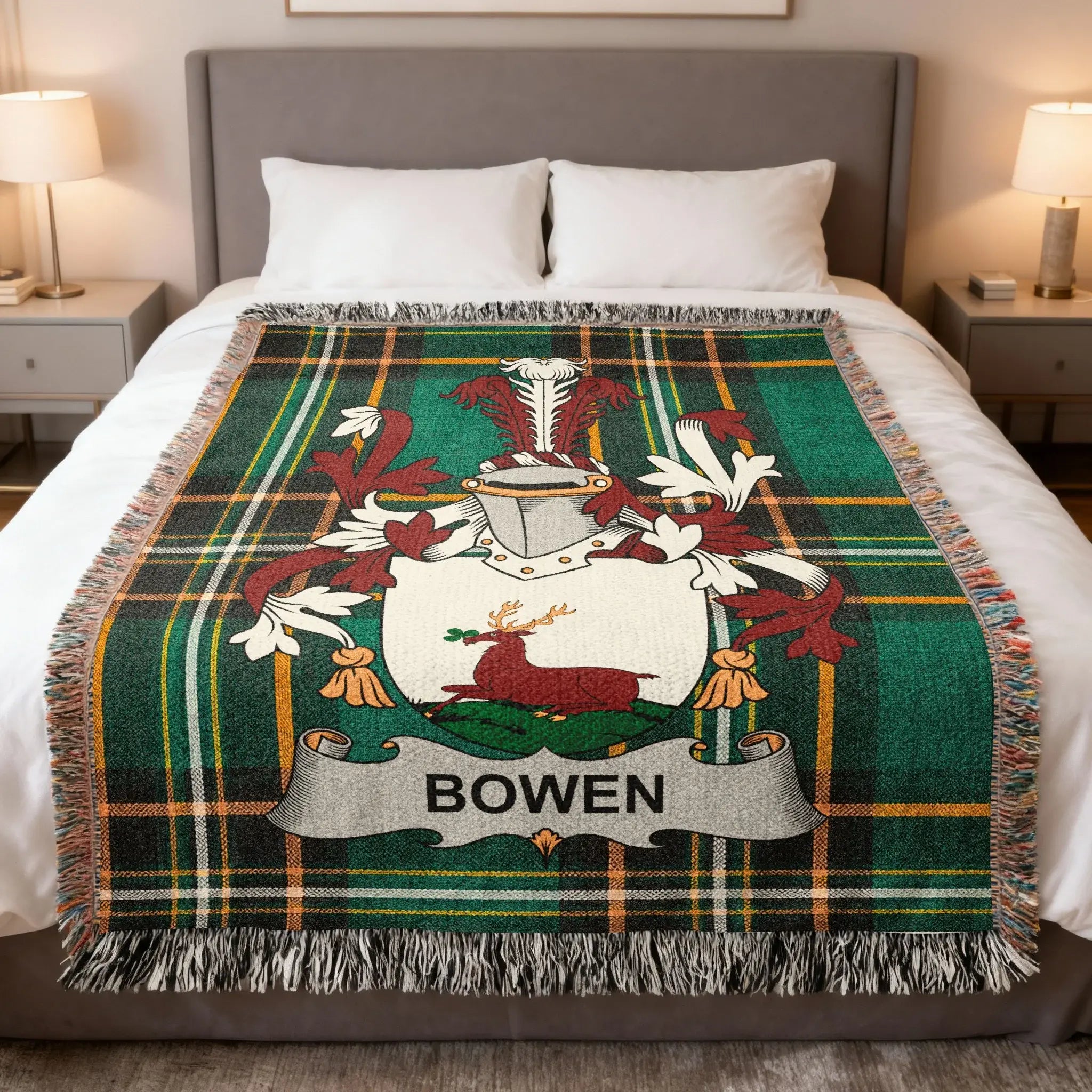 Bowen Irish family crest woven blanket with Irish tartan design and fringed edges