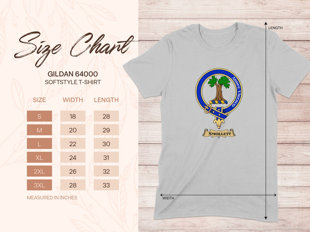 Gildan 64000 size chart for Smollett Scottish clan crest T-shirt