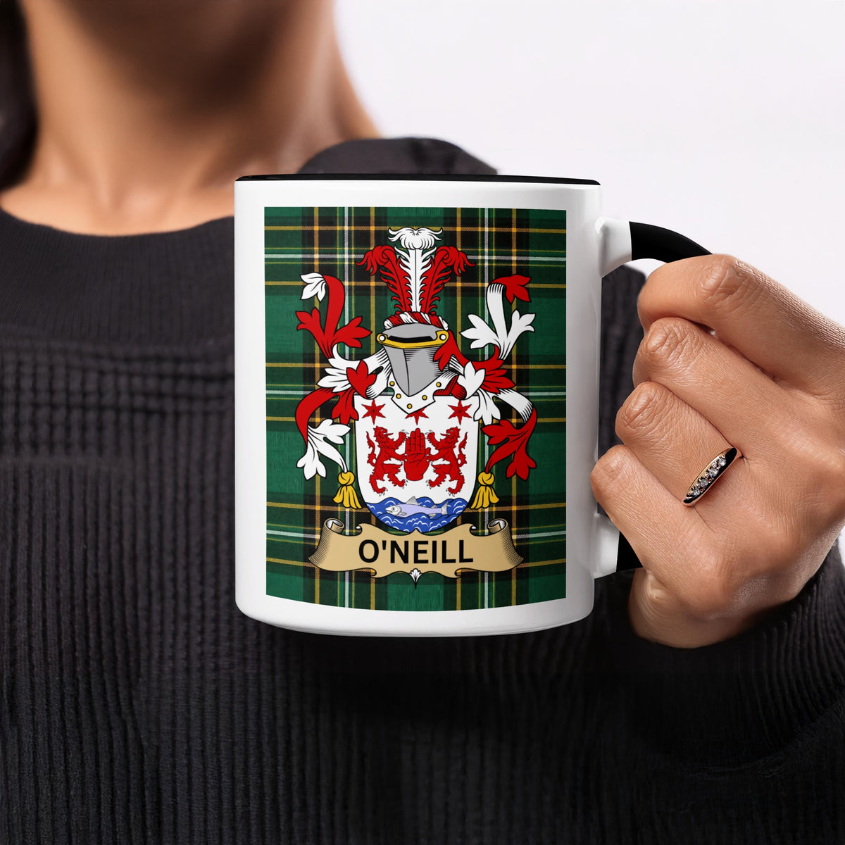 O'Neill Irish family crest mug on Irish National Tartan background