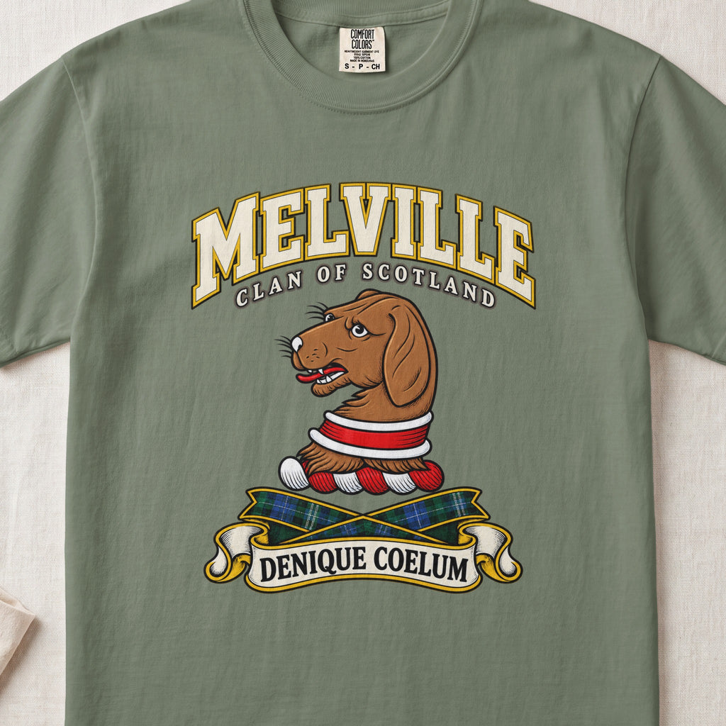 Melville Scottish clan T-shirt in Moss, front view with a brown hound head with a red and white collar and motto banner.