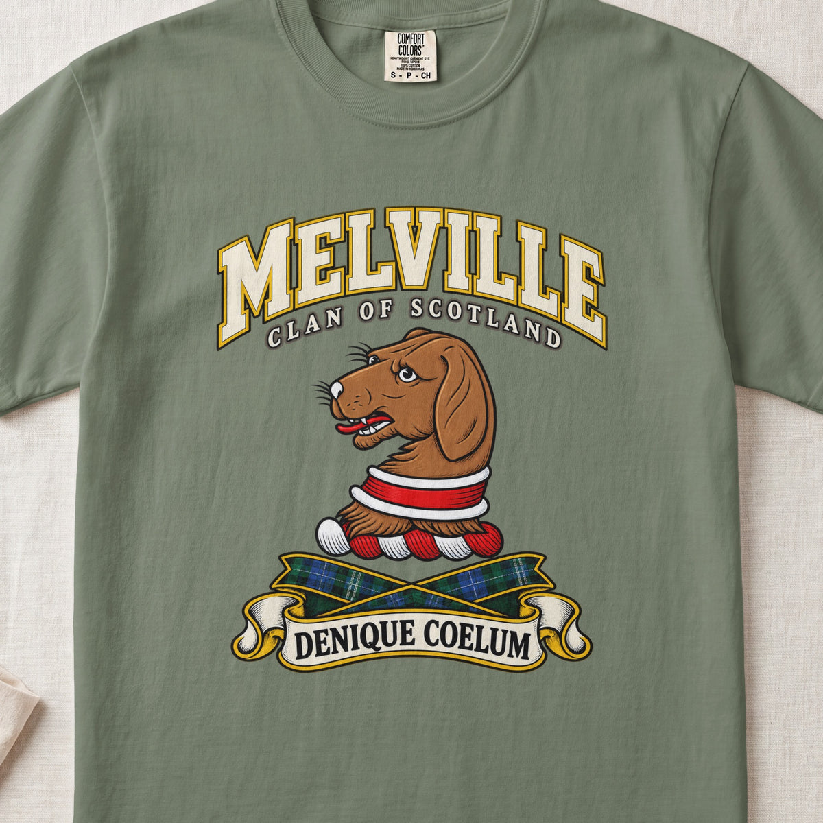 Melville Scottish clan T-shirt in Moss, front view with a brown hound head with a red and white collar and motto banner.