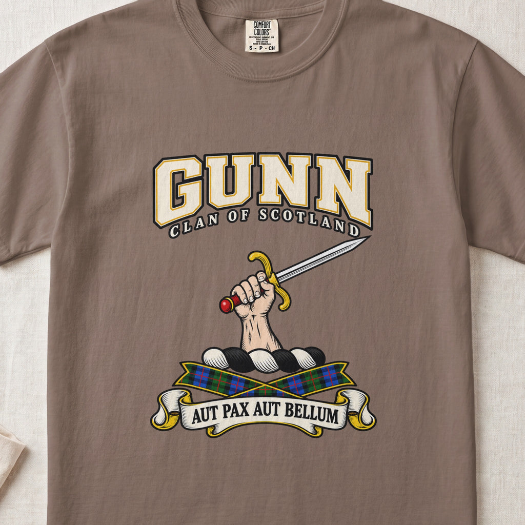 Gunn graphic T-shirt in Espresso brown, front flat lay showing varsity lettering and hand and forearm holding a straight silver sword with gold guard and red pommel.