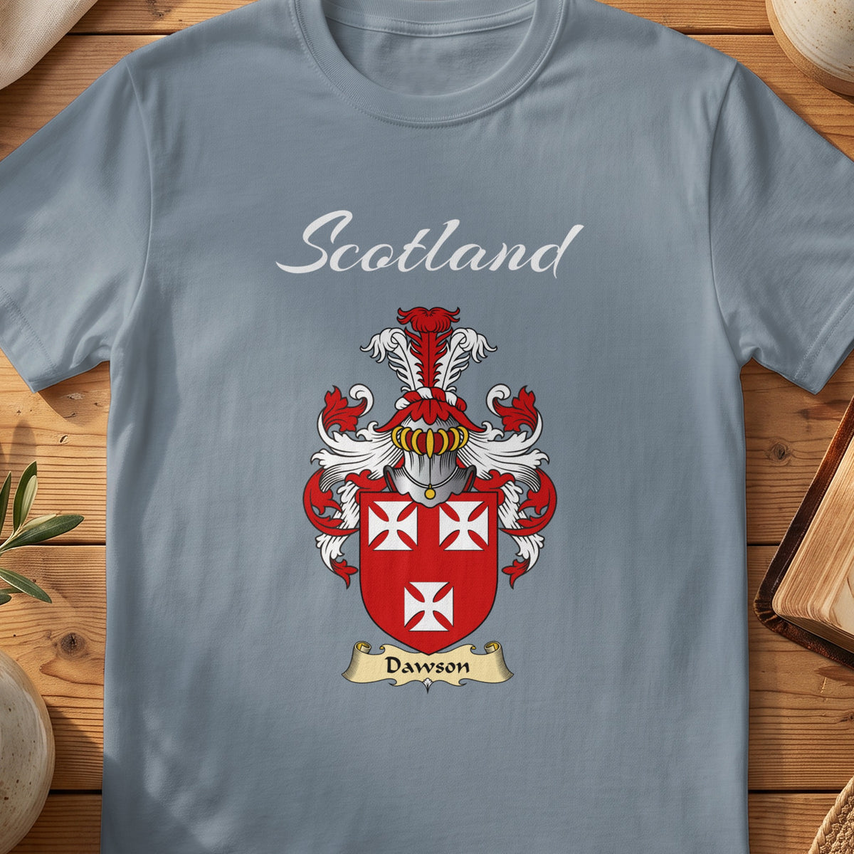Dawson Scottish family shield T-shirt in Stone Blue