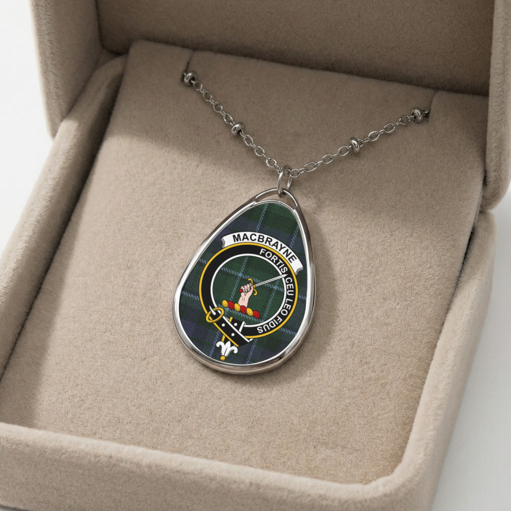 Oval necklace with MacBrayne tartan clan crest and motto in silver setting.