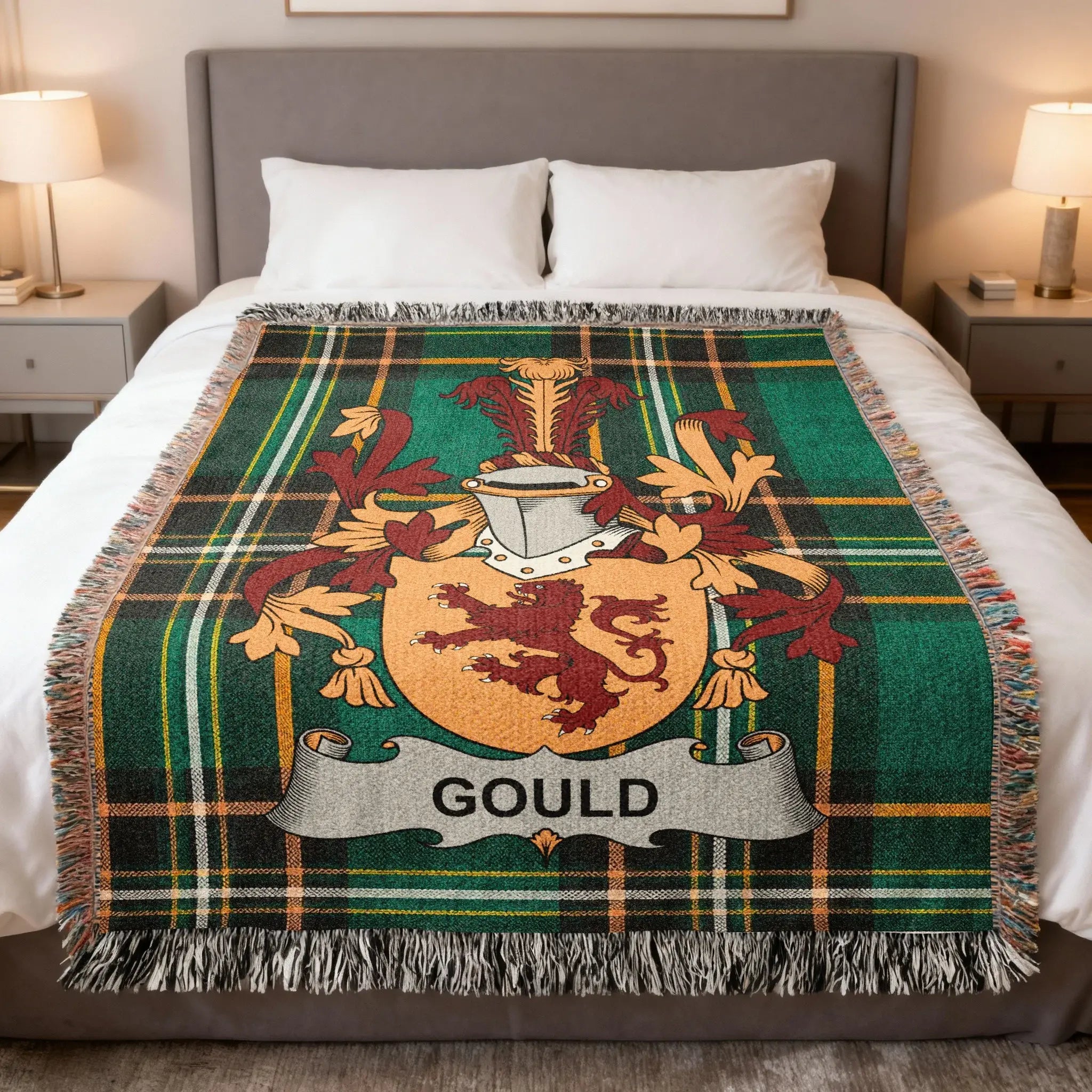 Tartan blanket with the Gould family crest centered.