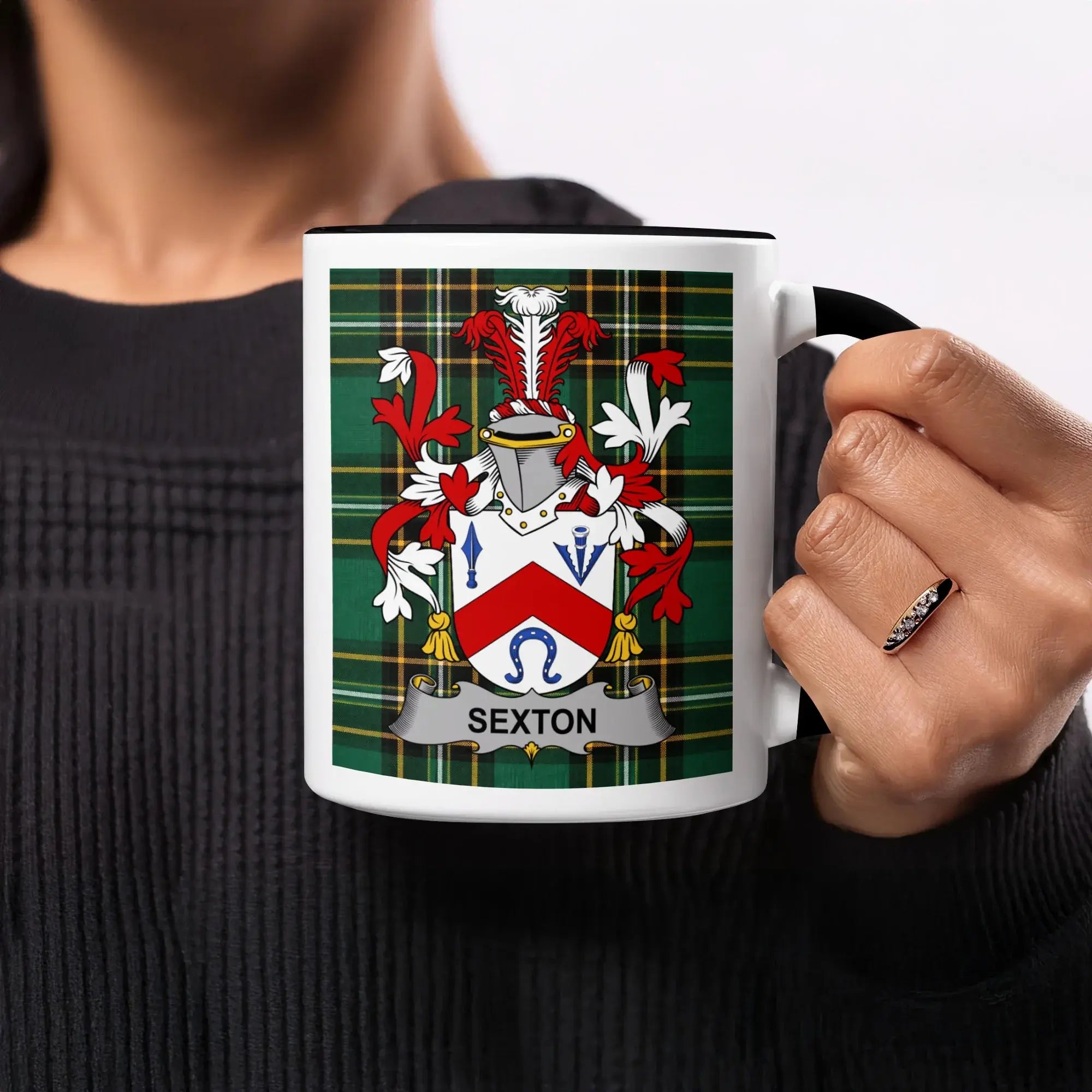 Sexton Irish heritage mug with black interior and family crest
