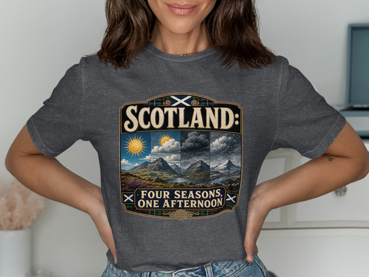 T-shirt graphic: Scotland: Four Seasons, One Afternoon, Scottish landscape montage.