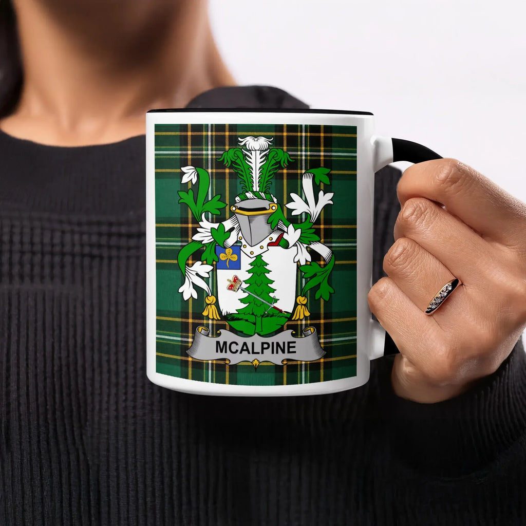 Mug with a green tartan pattern and the McAlpine coat of arms.