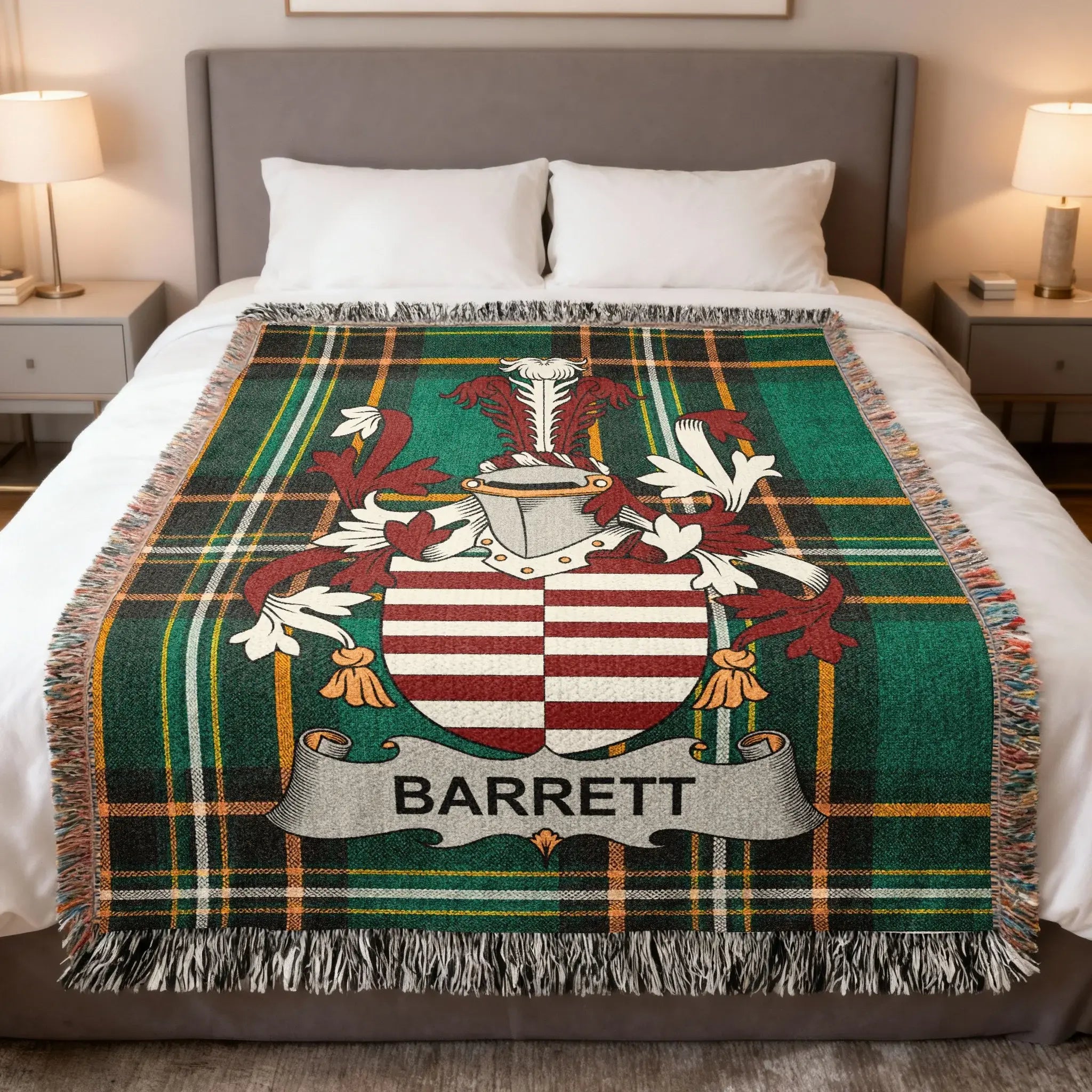 Barrett Irish family crest woven blanket with Irish tartan design and fringed edges