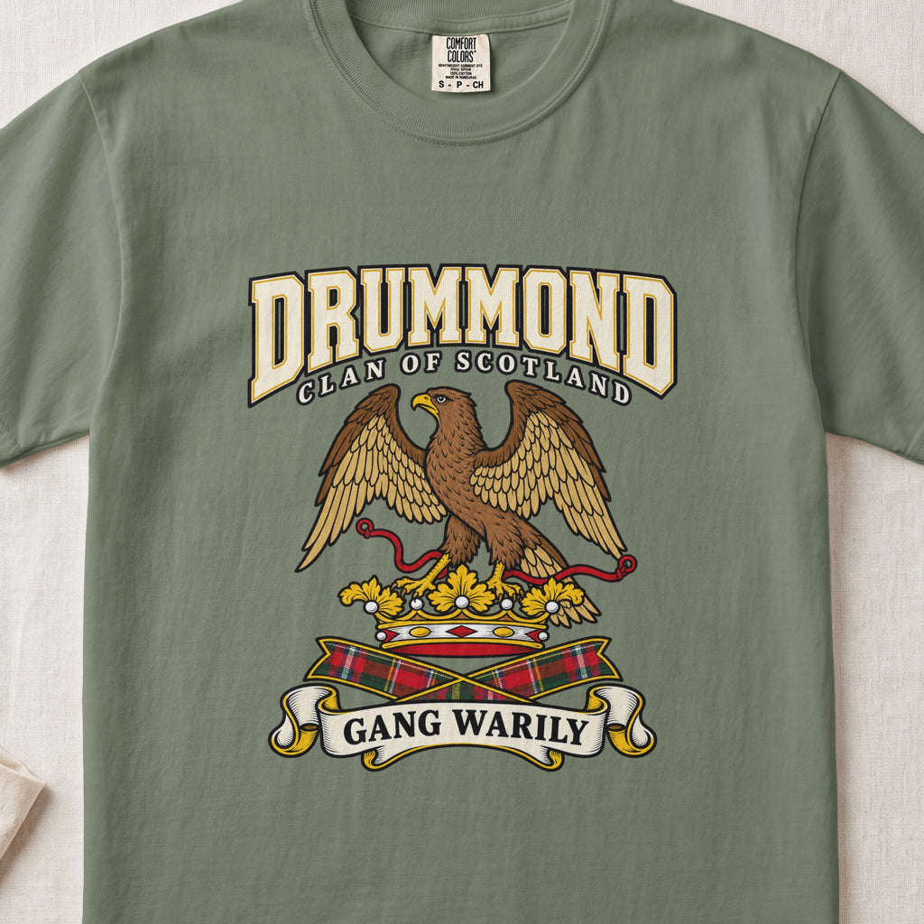 Drummond Scottish clan graphic T-shirt in Moss, front view