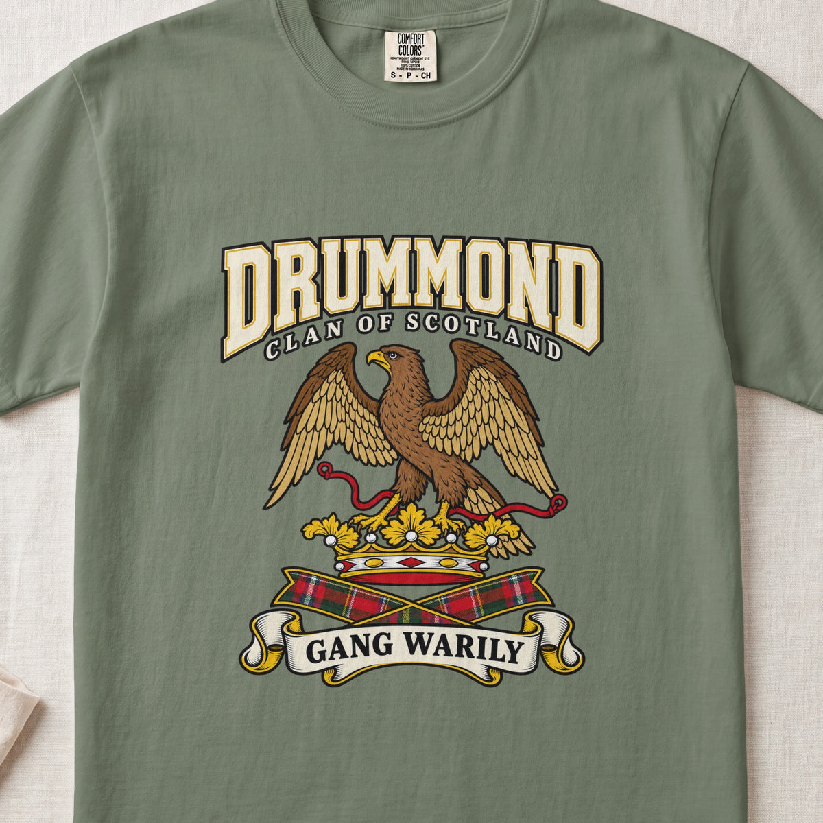 Drummond Scottish clan graphic T-shirt in Moss, front view