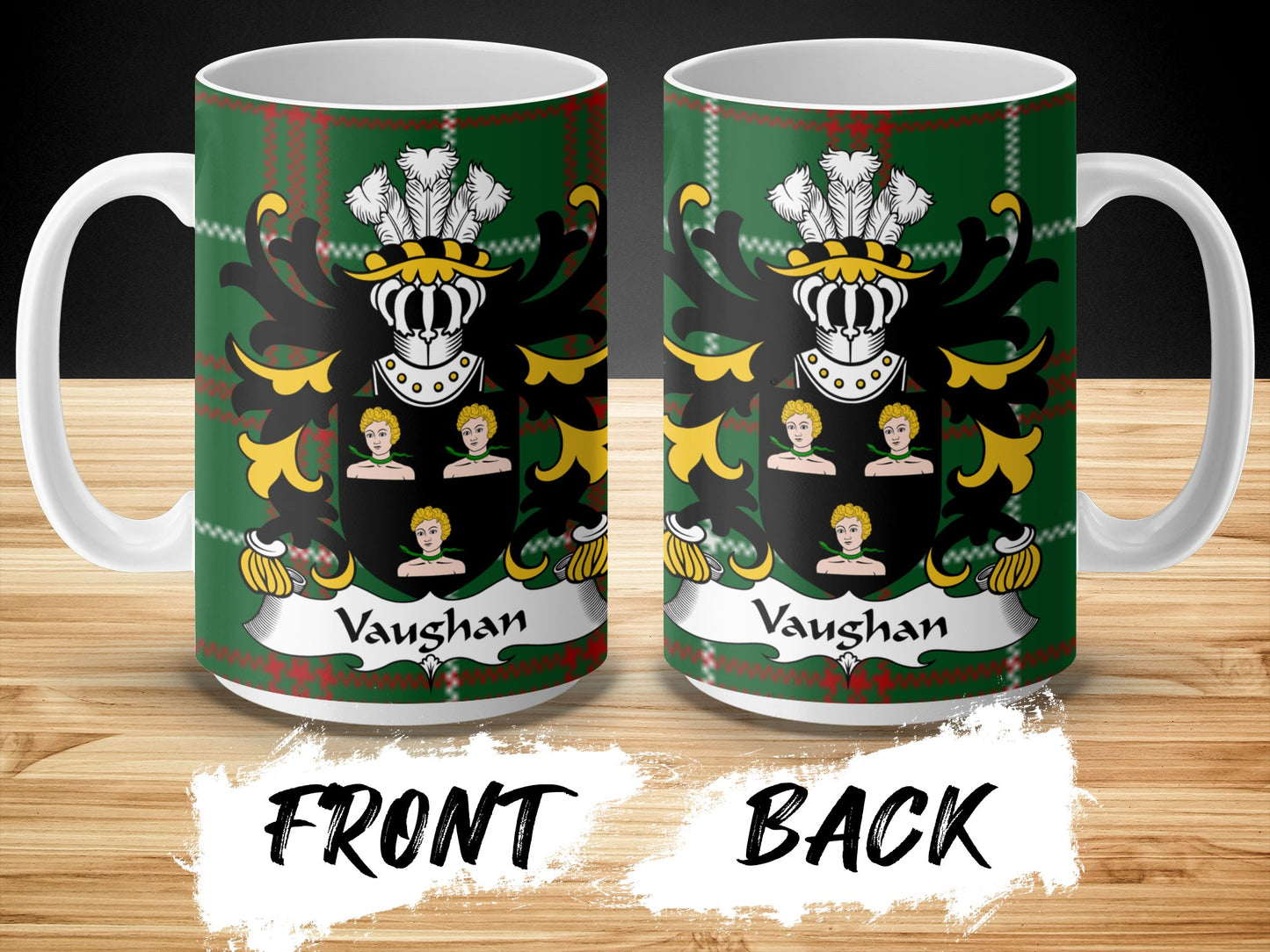 Vaughan Family Crest on Welsh National Tartan Mug - Living Stone Gifts