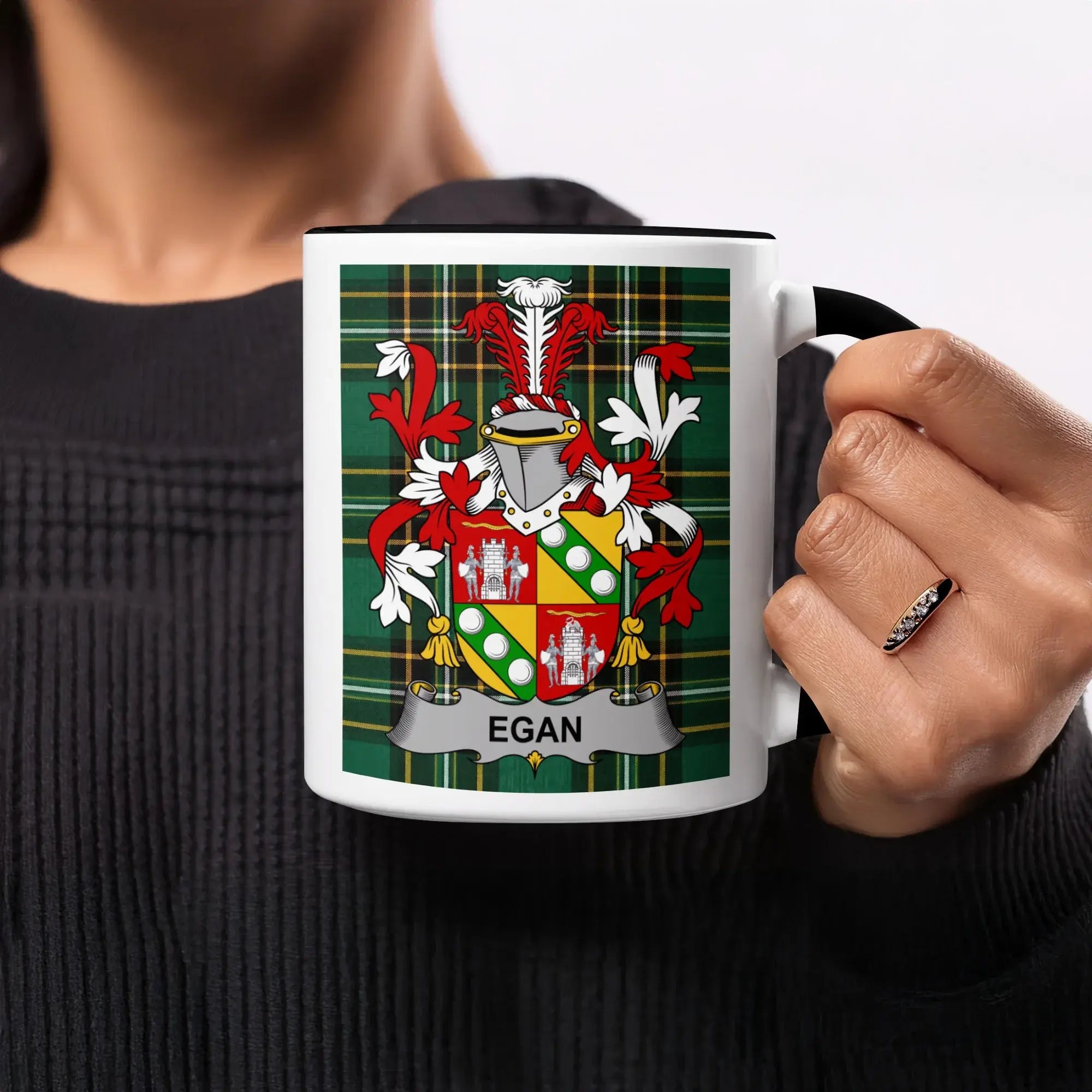 Mug with Egan family crest on a tartan background.