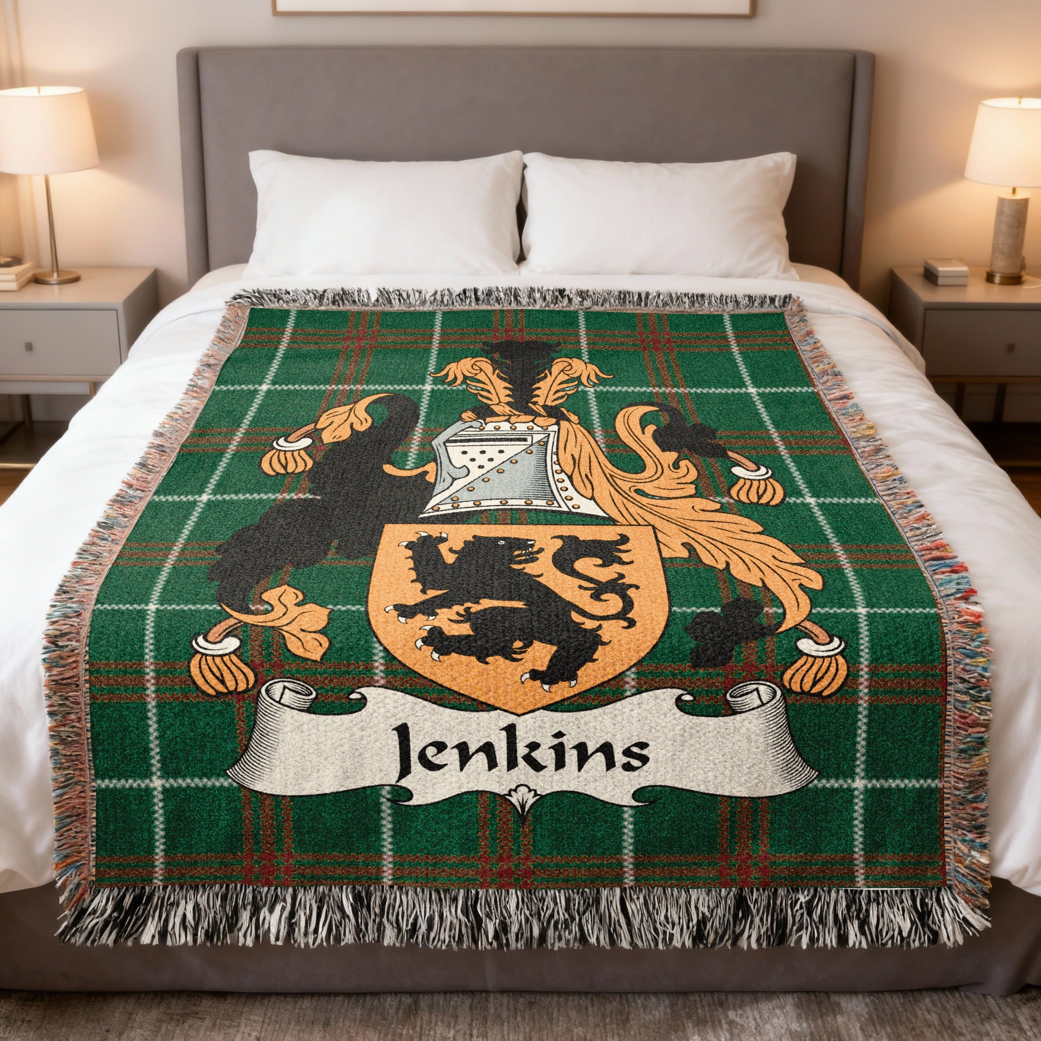 Jenkins Welsh crest woven blanket on Welsh national tartan