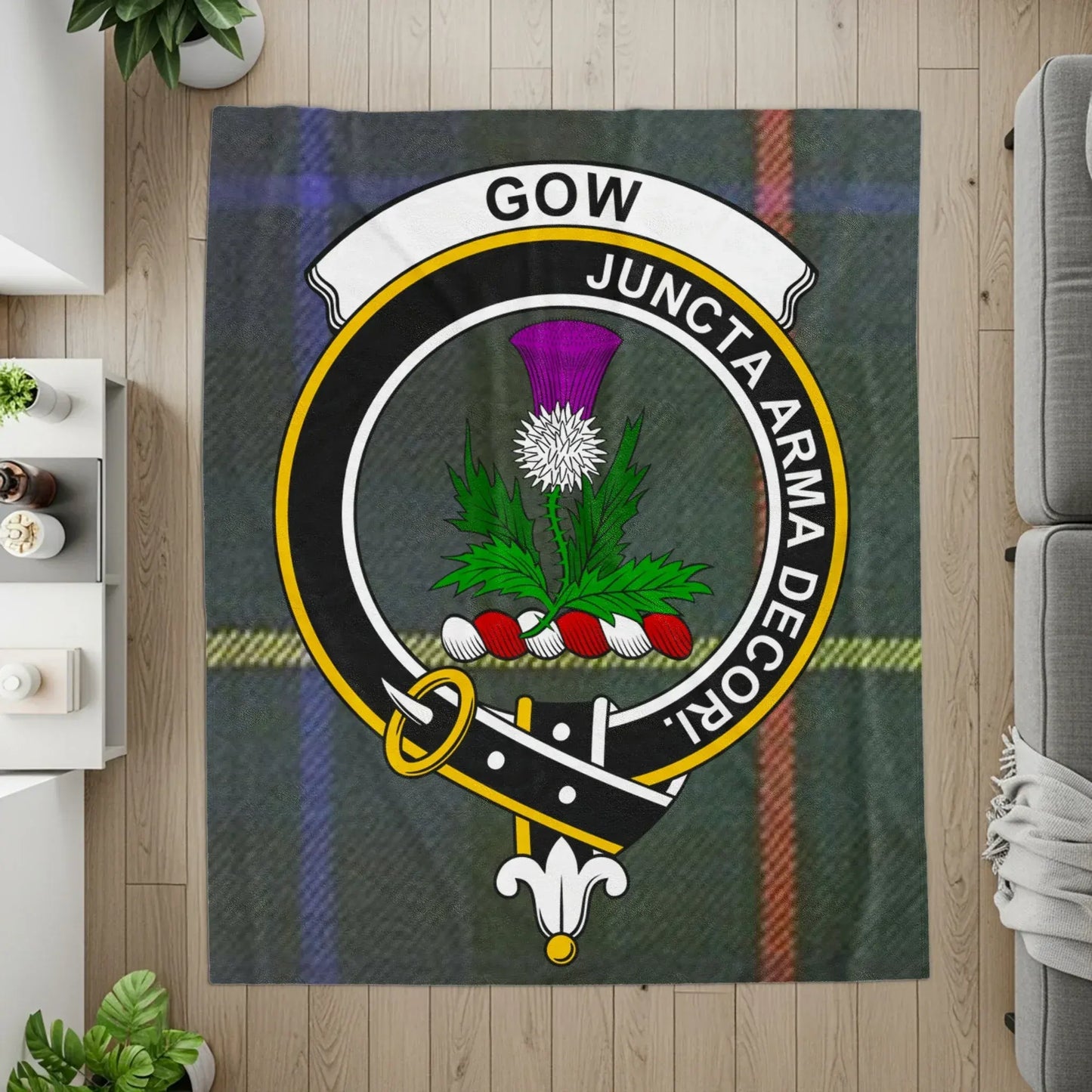 Gow Juncta Arma Decori Emblem on Tartan Blanket product type