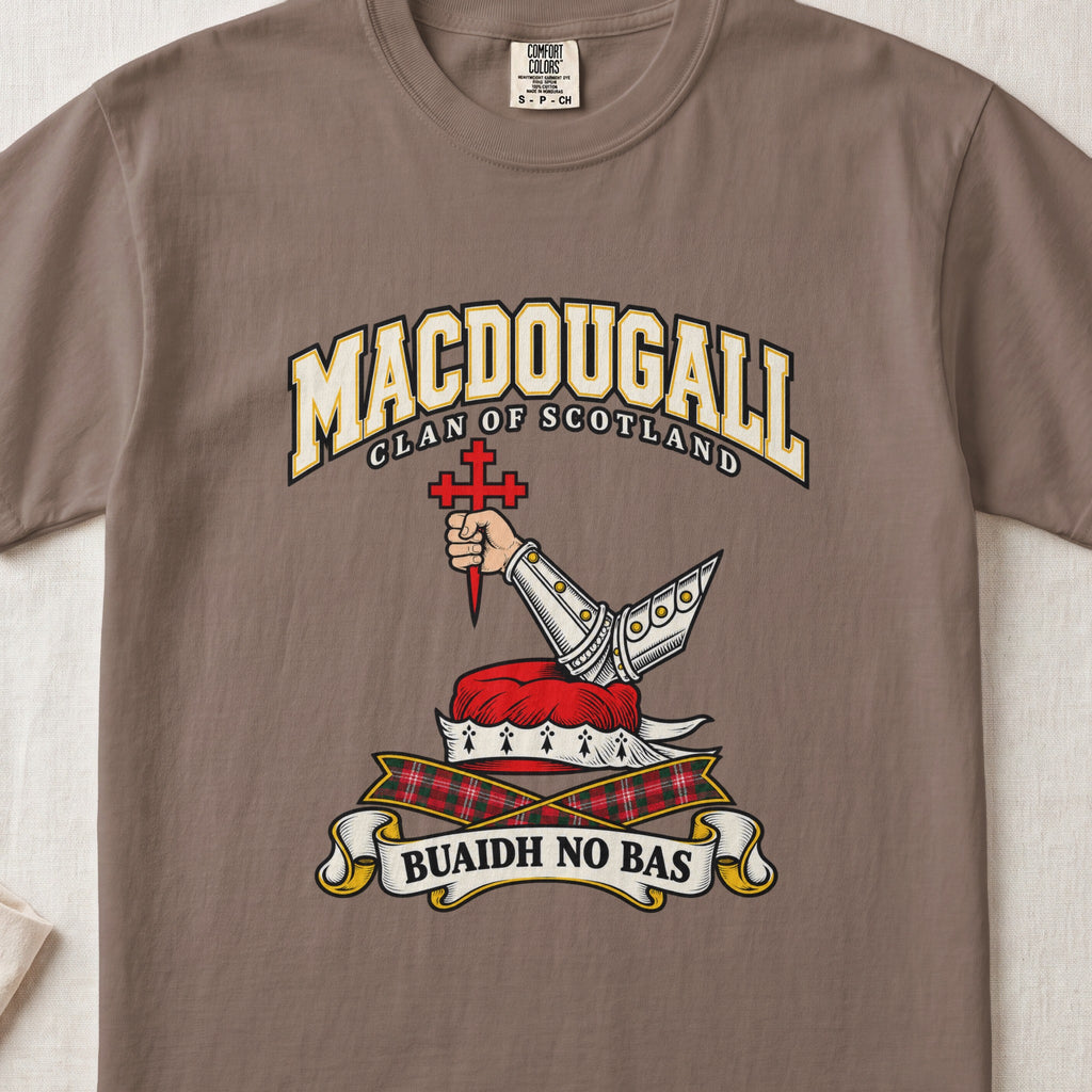 MacDougall graphic T-shirt in Espresso brown, front flat lay showing varsity lettering and bent arm in silver armour holding a pointed red cross.