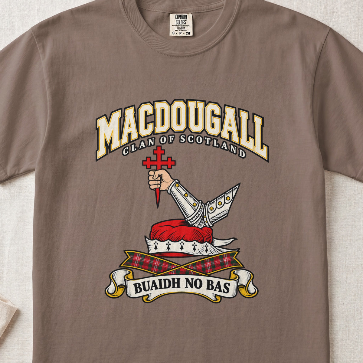 MacDougall graphic T-shirt in Espresso brown, front flat lay showing varsity lettering and bent arm in silver armour holding a pointed red cross.