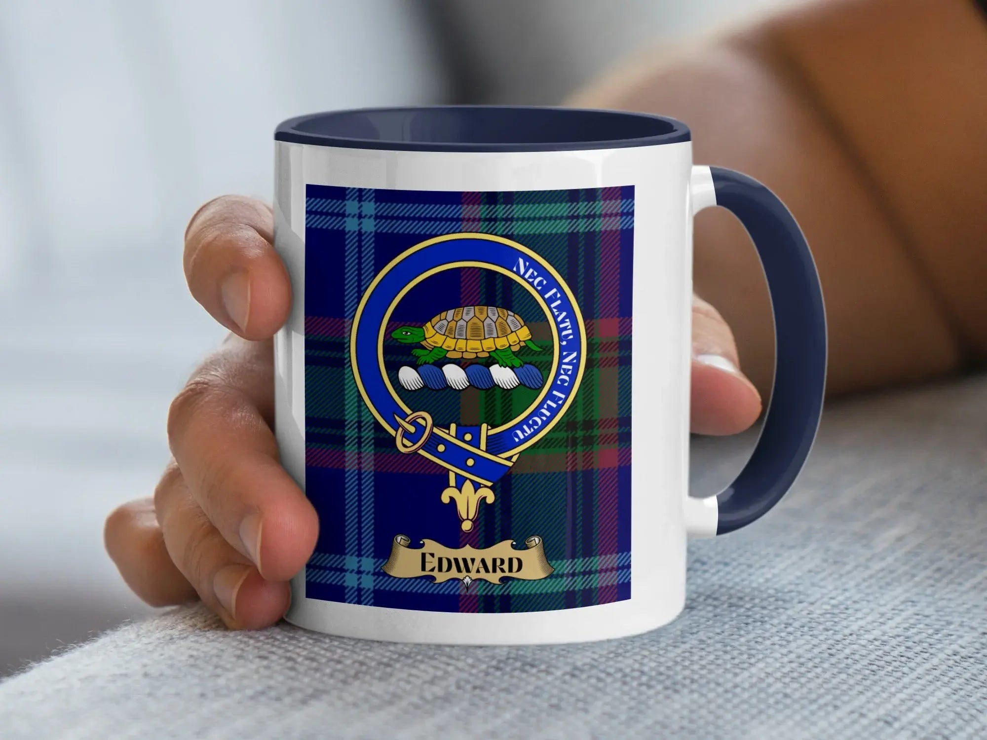 Edward family crest coffee mug with a tartan-background design
