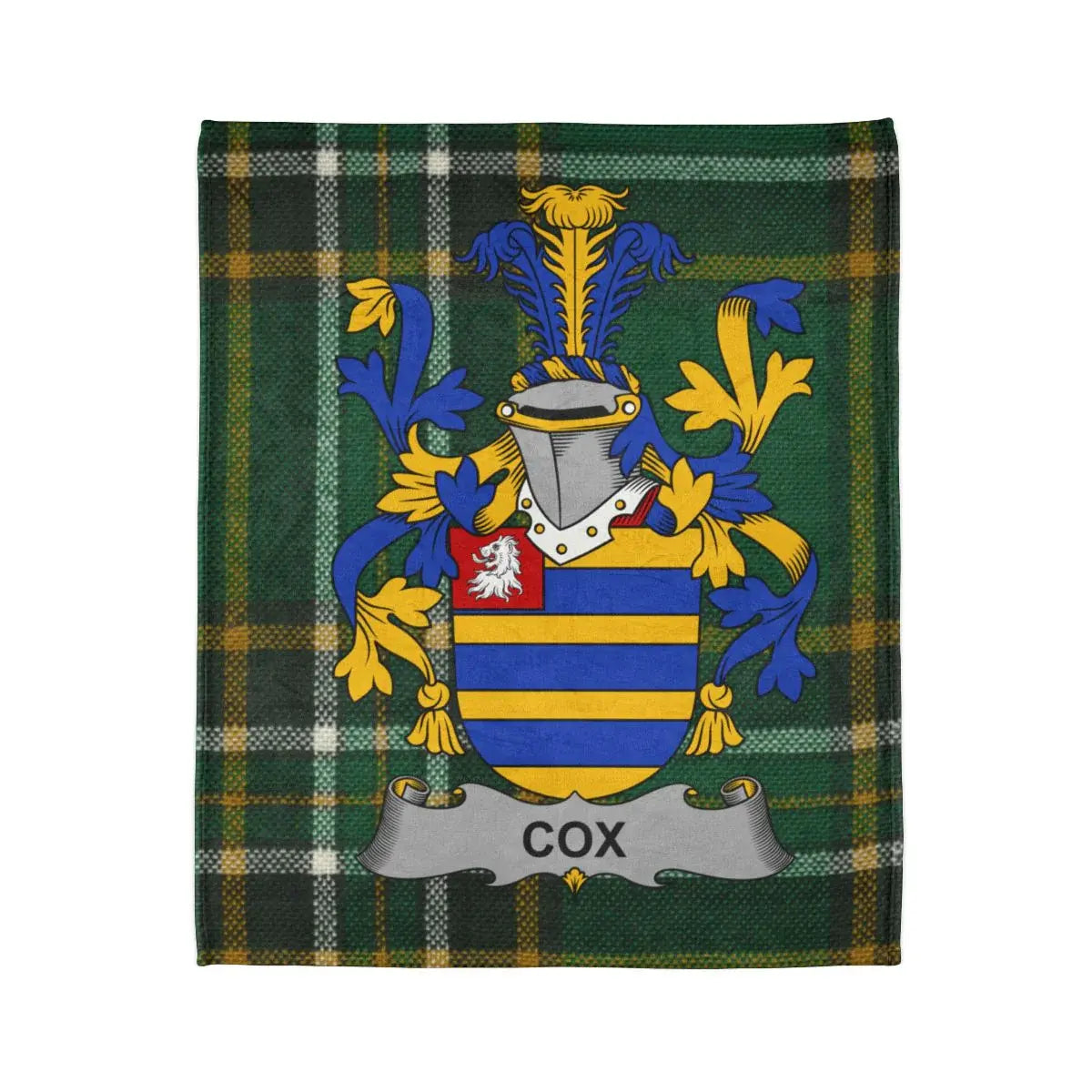 Cox Family Crest on Green Tartan Blanket product