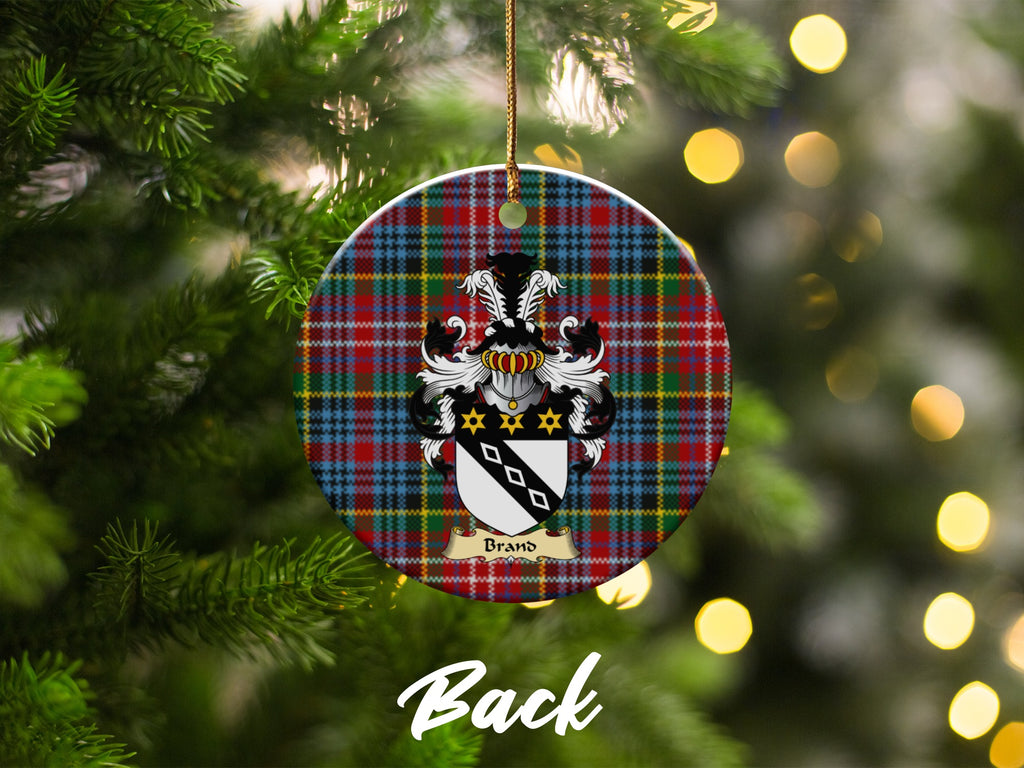 Double-sided Brand ceramic ornament with family shield and Caledonia tartan background