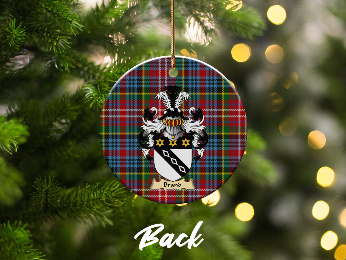 Double-sided Brand ceramic ornament with family shield and Caledonia tartan background