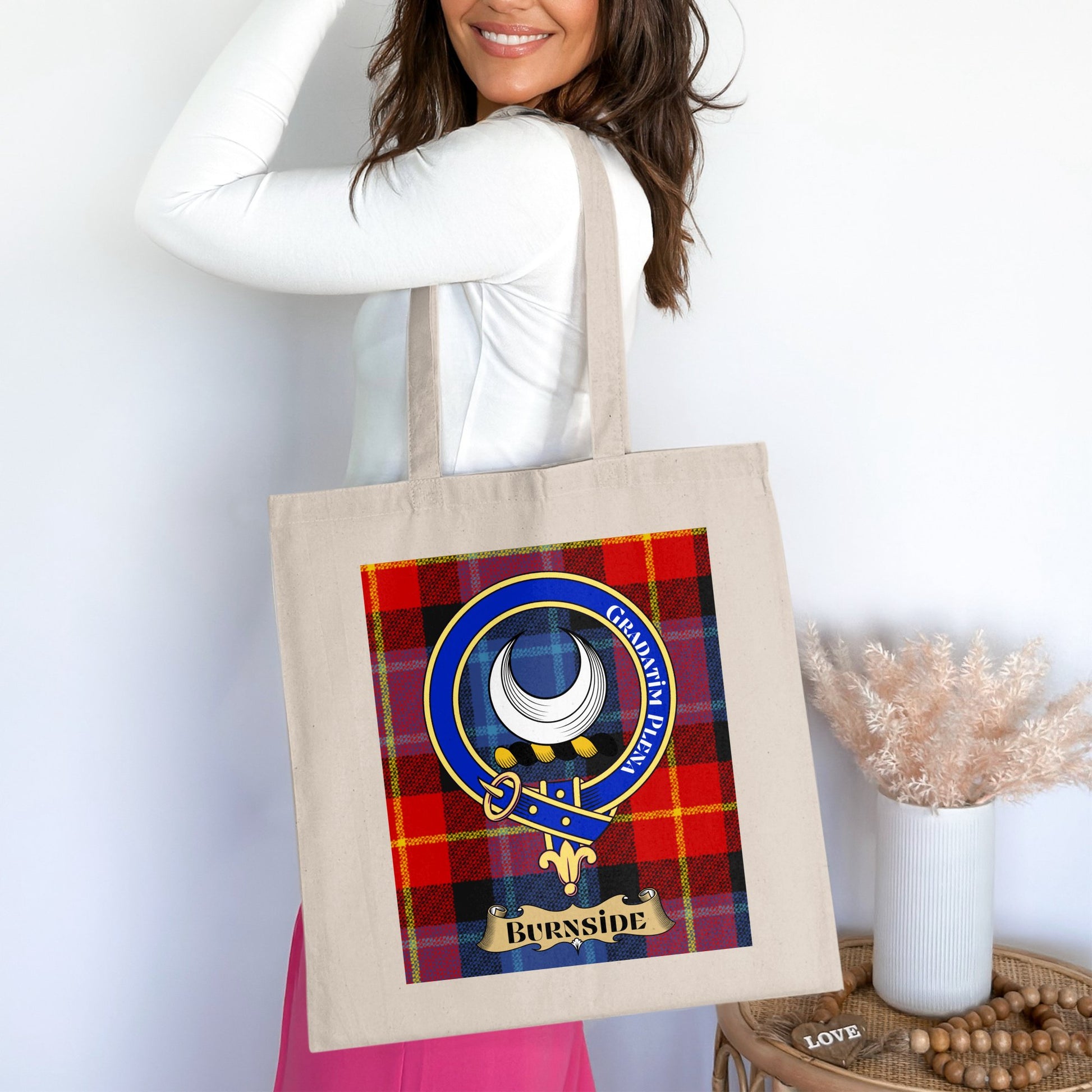 Burnside Clan Emblem on Scottish Tartan Tote Bag - Living Stone Gifts