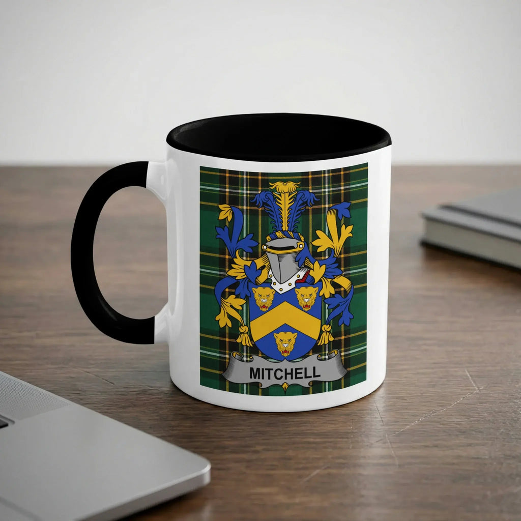 Mitchell Irish heritage mug with black handle and family crest