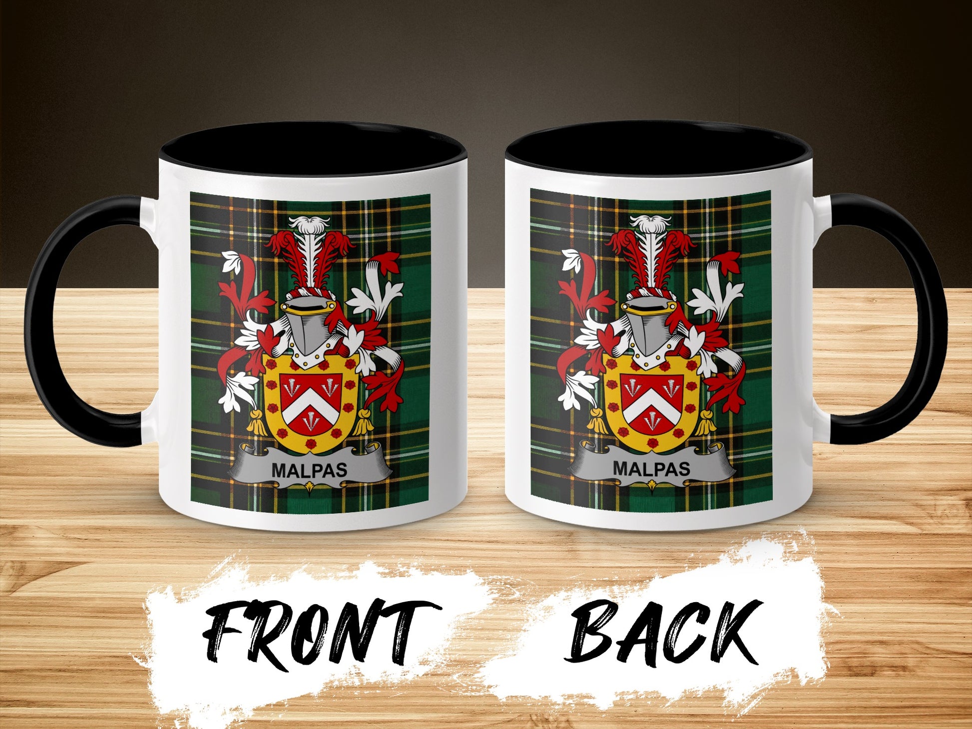 Mug with MALPAS crest and tartan pattern, front and back views.