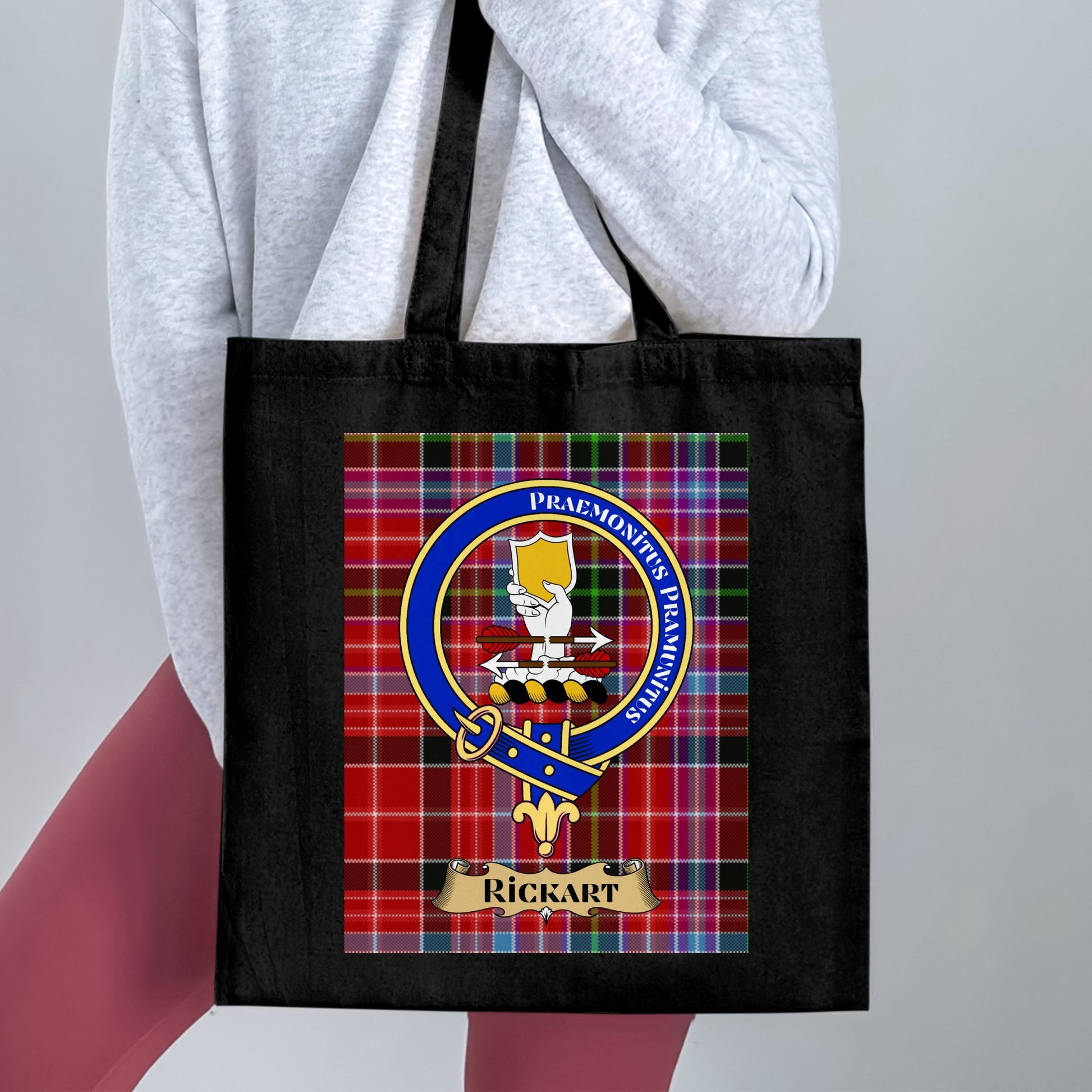 Scottish Clan Crest on Tartan Background Rickart Tote Bag - Living Stone Gifts