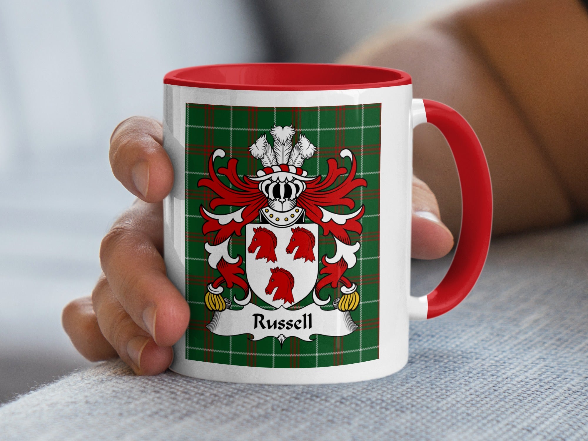 Russell Welsh family crest mug on Welsh National Tartan