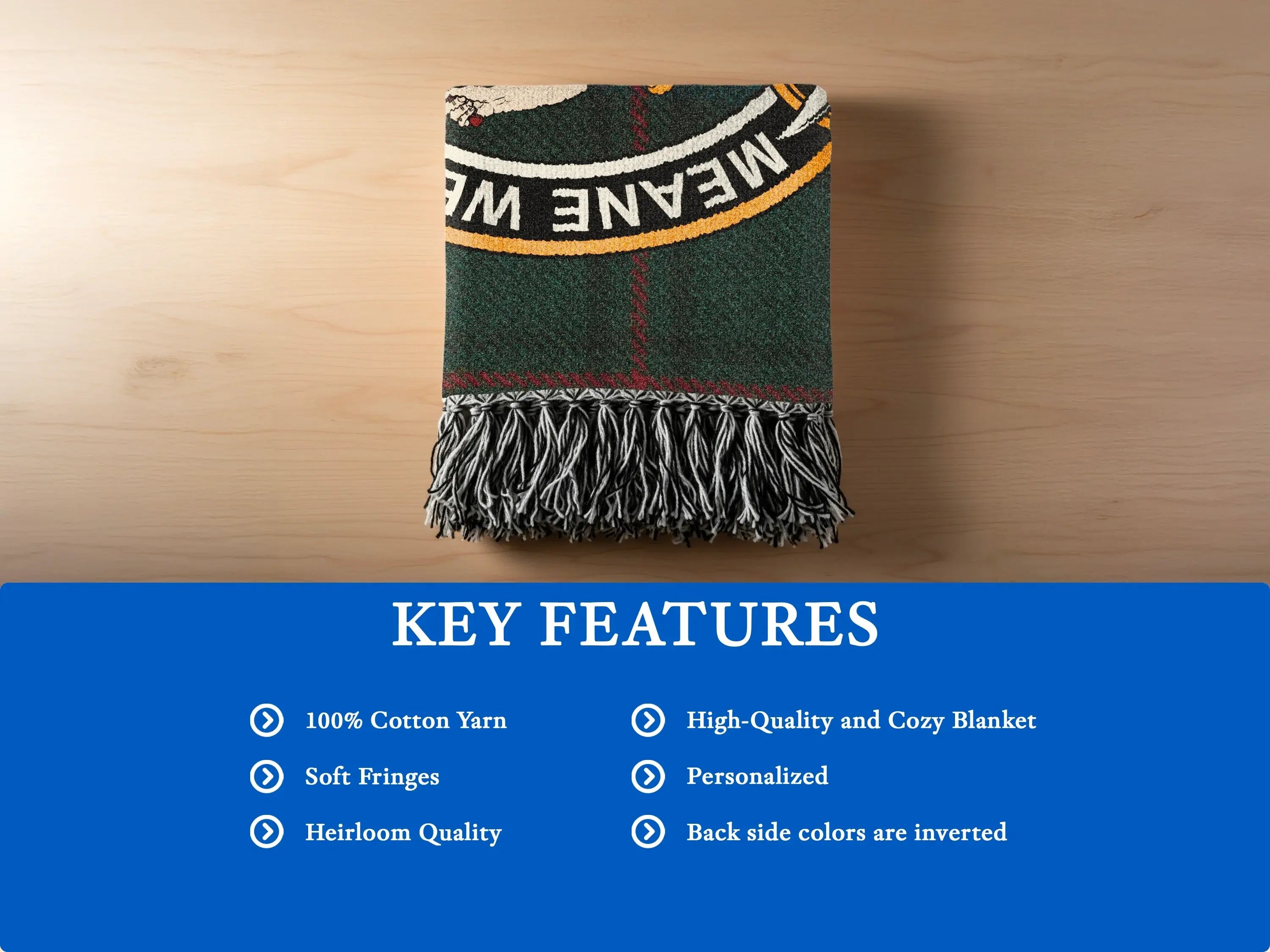 Urquhart clan crest woven blanket — heirloom quality with soft cotton fringes
