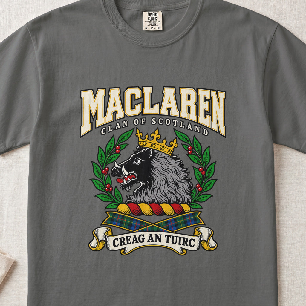 MacLaren graphic T-shirt in Pepper gray, front flat lay showing varsity lettering and crowned black and grey boar head with white tusks.