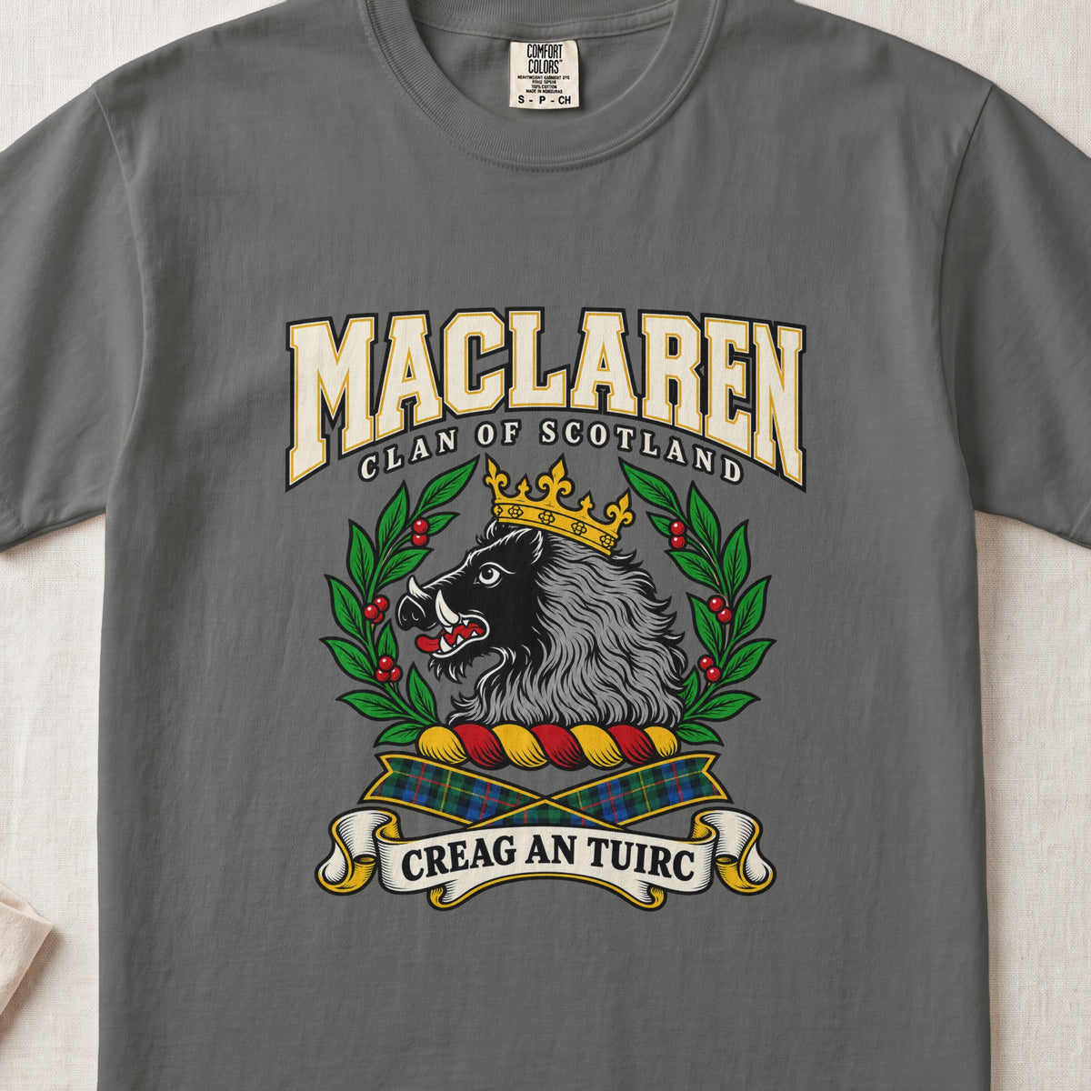 MacLaren graphic T-shirt in Pepper gray, front flat lay showing varsity lettering and crowned black and grey boar head with white tusks.