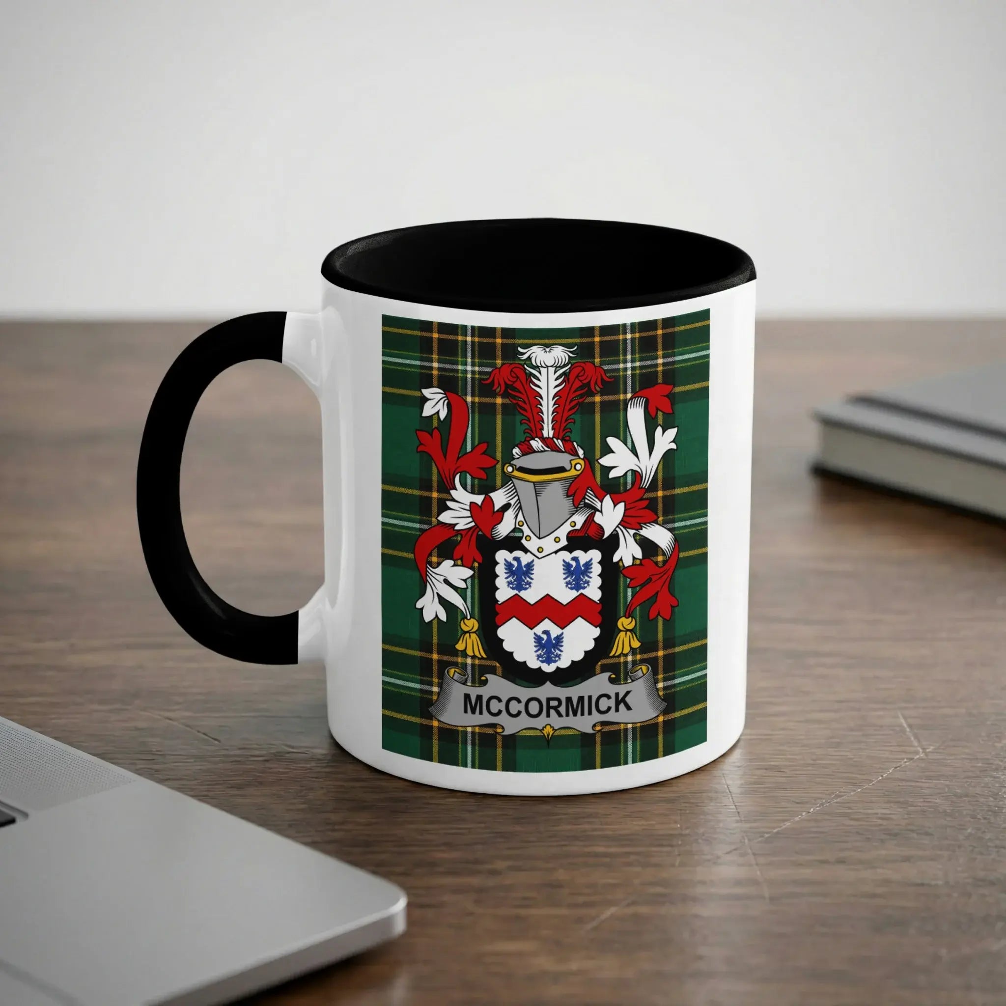 McCormick Irish heritage mug with black handle and family crest