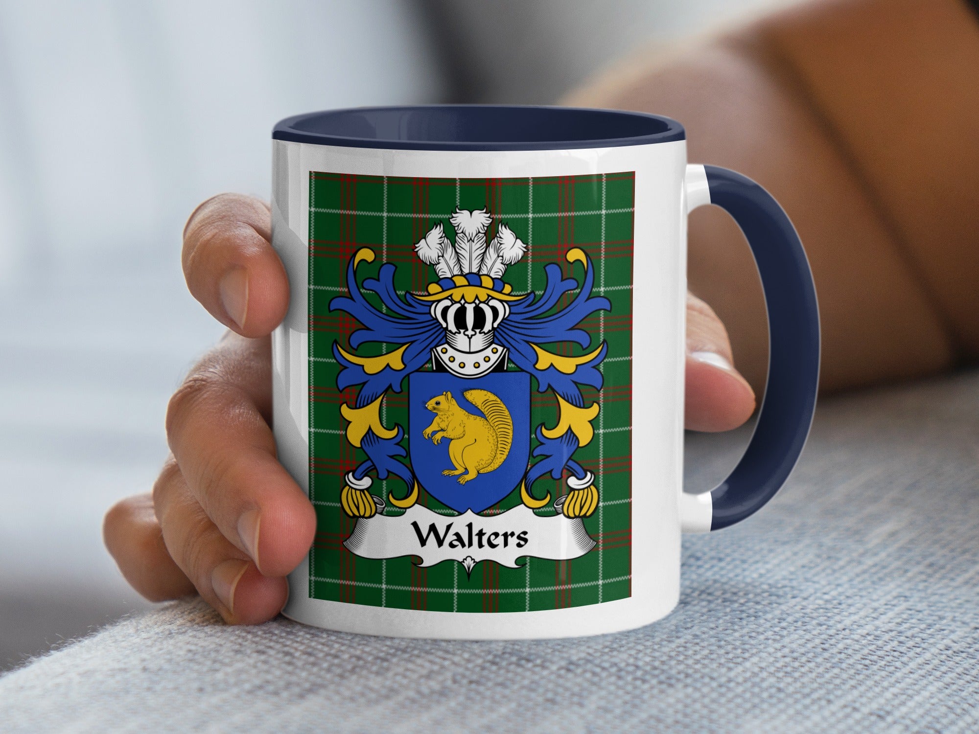 White mug with navy handle featuring the Walters family crest on tartan.