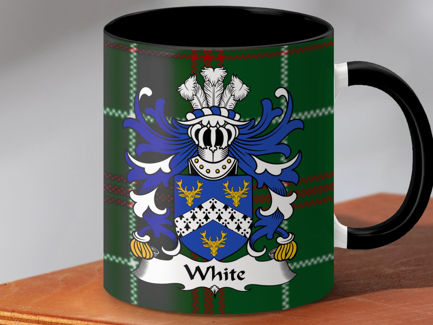 White Welsh Surname Coat of Arms Tartan Background Mug - Living Stone Gifts