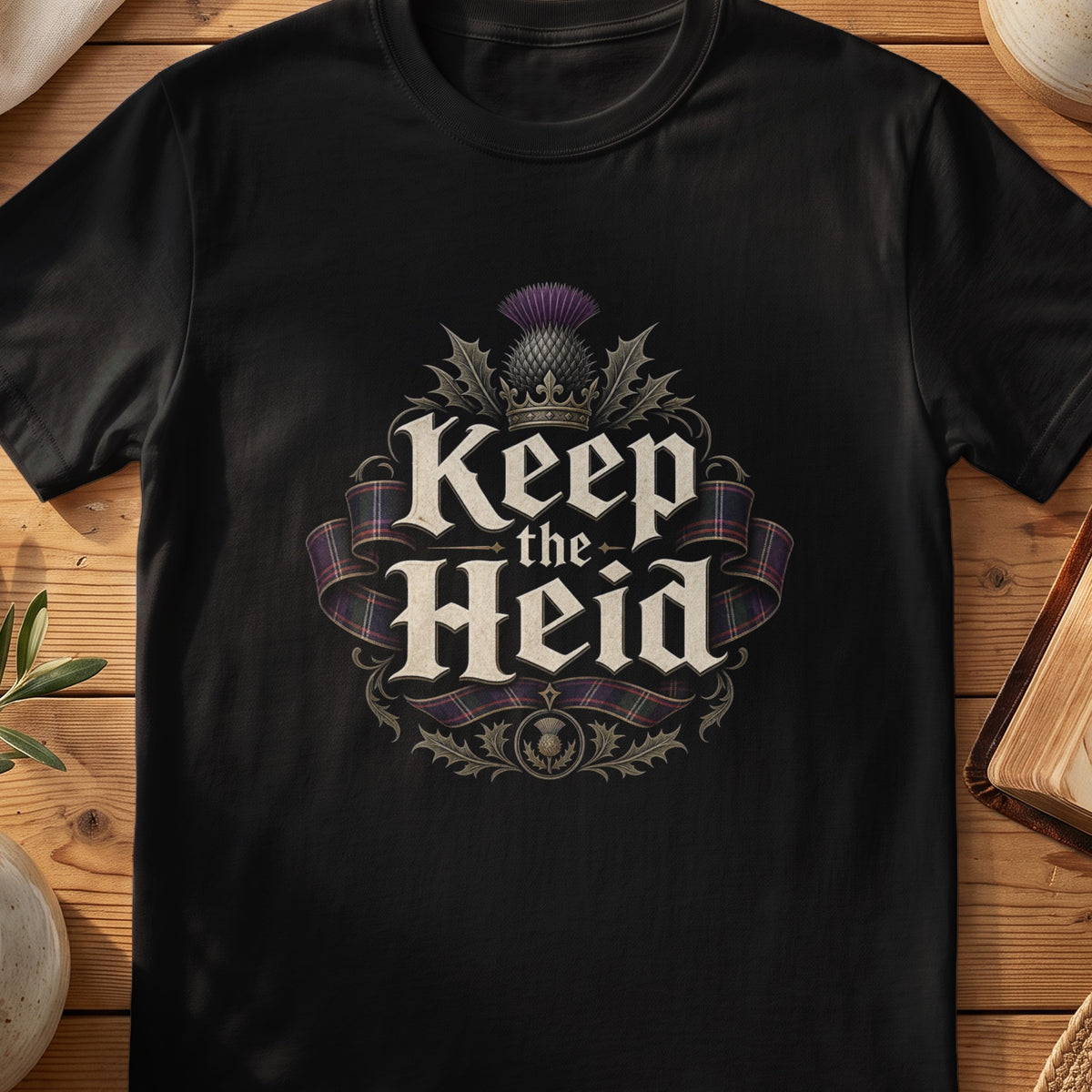 Black Gildan 64000 unisex T-shirt flatlay with Keep the Heid Scottish graphic design