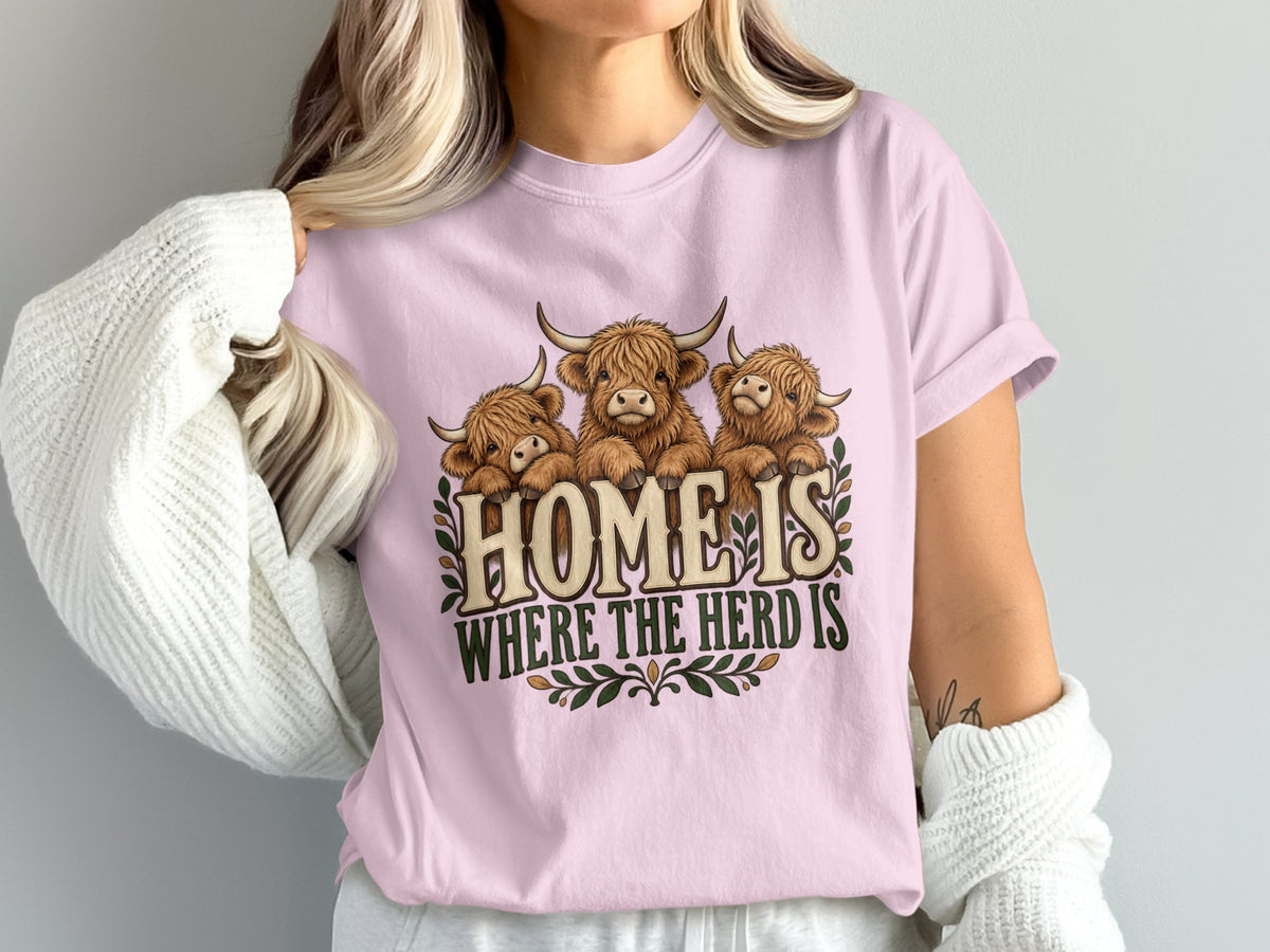 Model wearing the Home Is Where the Herd Is Highland cow Comfort Colors T-shirt in Blossom