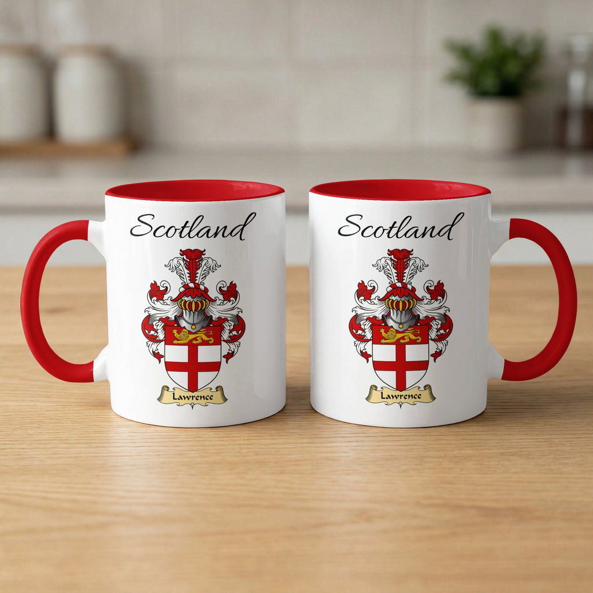 Red-accent Lawrence Scottish family crest mugs with Scotland above the heraldic shield