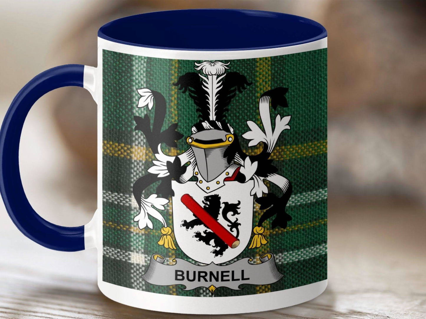 Burnell Surname Family Crest Irish Tartan Mug - Celtic Ancestry Gifts