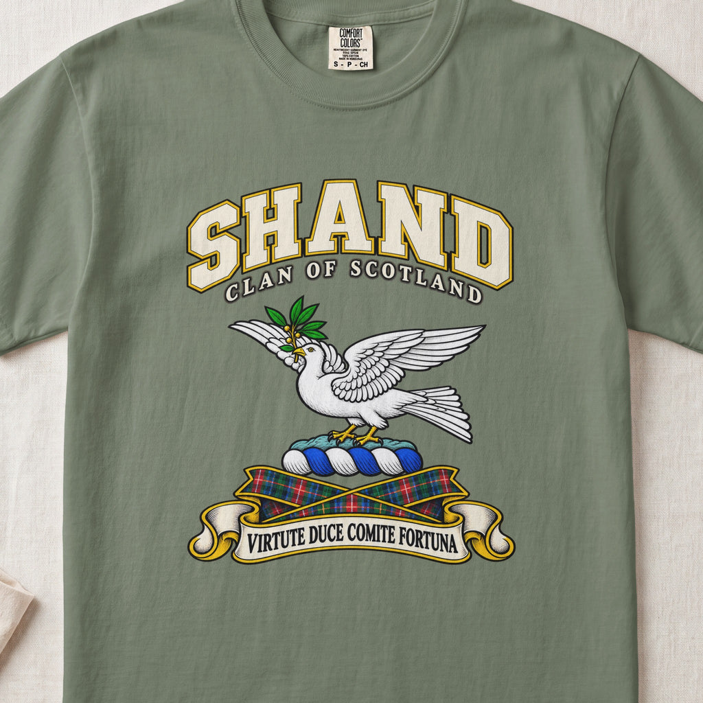 Shand Scottish clan T-shirt in Moss, front view with a white dove in flight carrying a green branch and motto design.