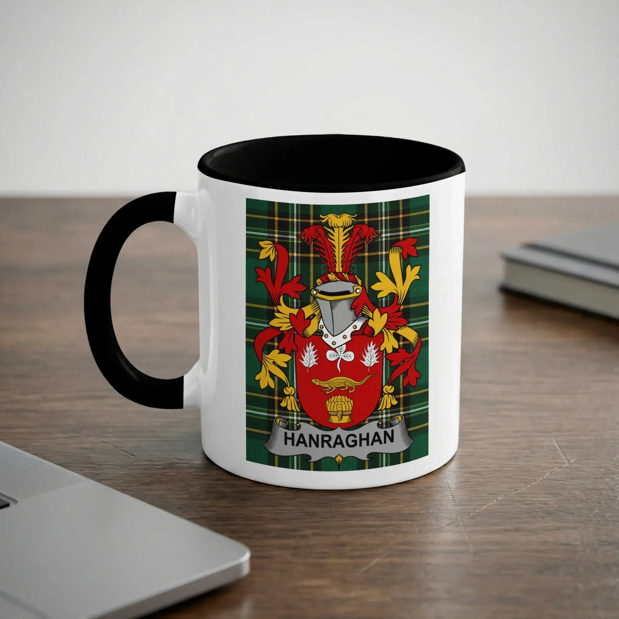 Mug with Hanraghan family crest on a checkered background.