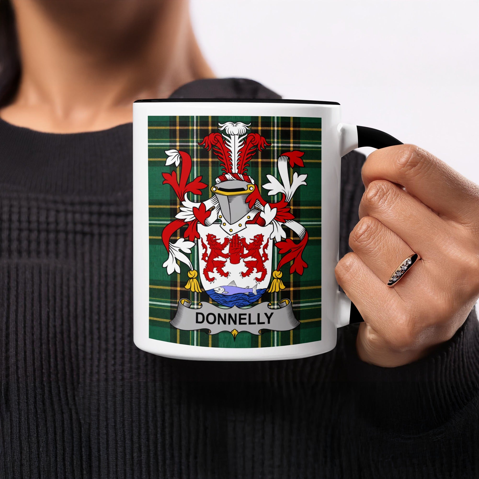Donnelly Irish family crest tartan mug held in hand