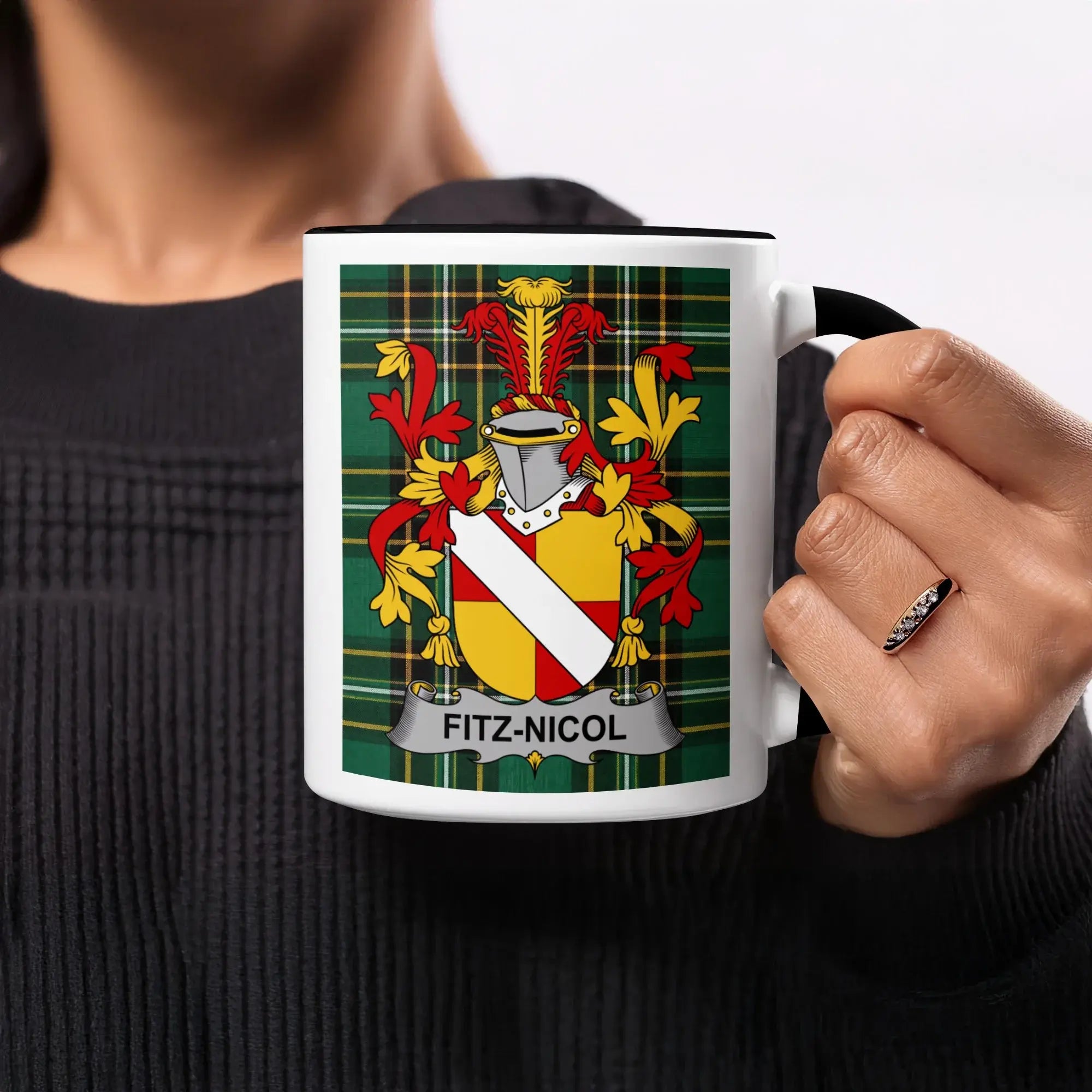 Mug with Fitz-Nicol family crest on green tartan background.