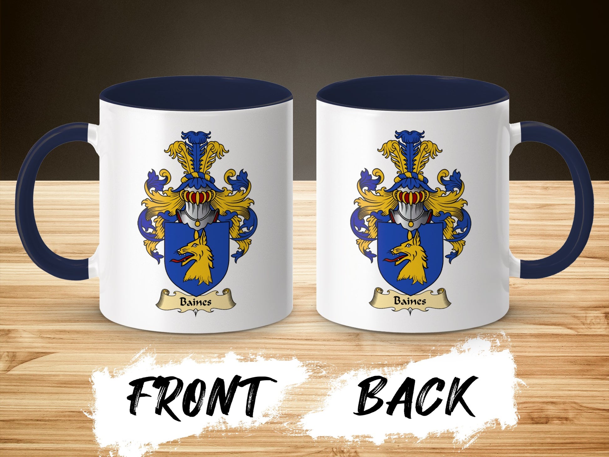 White mug with blue interior and handle, featuring the Baines coat of arms.