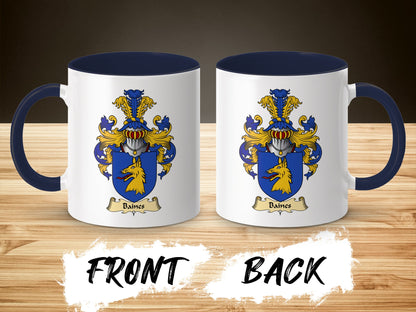 White mug with blue interior and handle, featuring the Baines coat of arms.